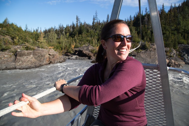 Molly above Winner Creek Gorge in Girdwood, Alaska in the handtram. Photo by Kevan Dee. 