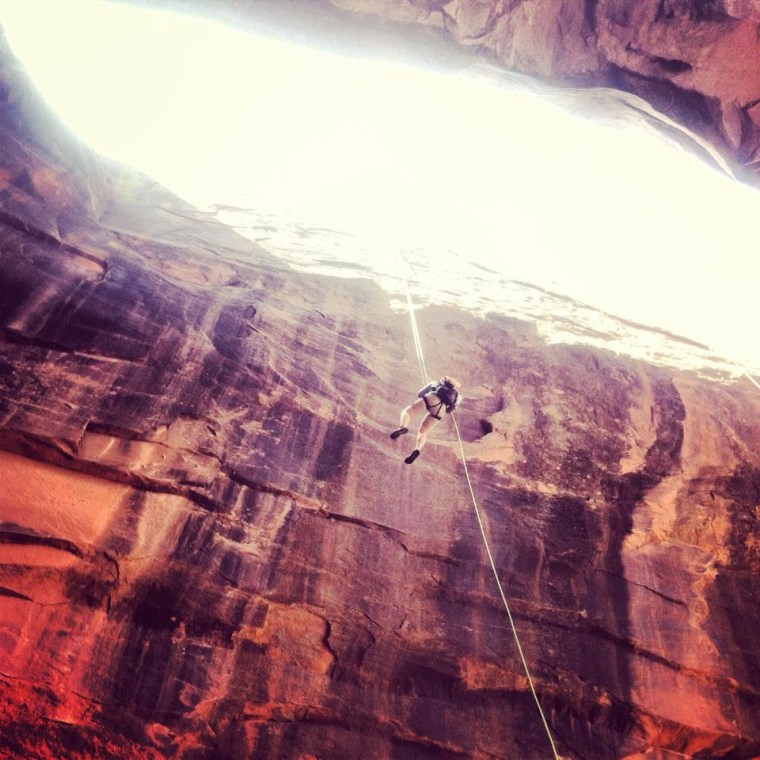 Monika canyoneering in Moab, Utah during her Spring Summit course from BYU Idaho. Photo courtesy of Monika Fleming. 