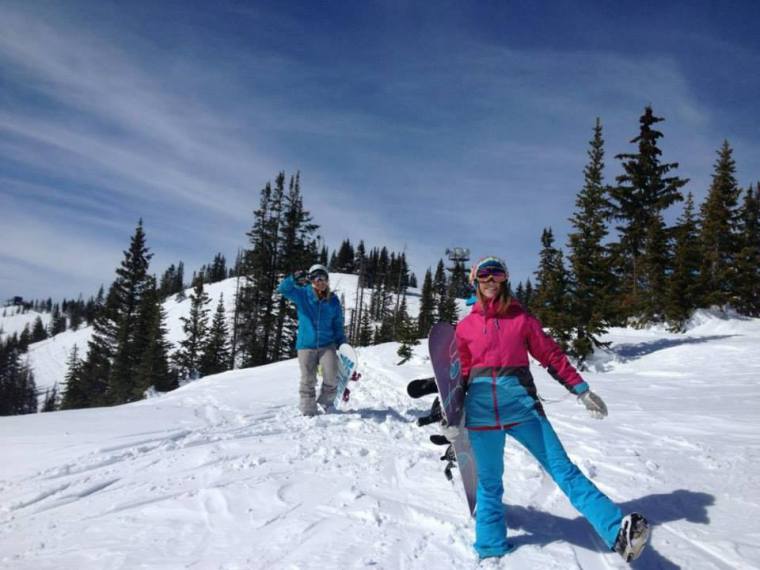 Monika and Liz Laderback doing some side country snowboarding at Steamboat Springs in Colorado. Photo courtesy of Monika Fleming. 
