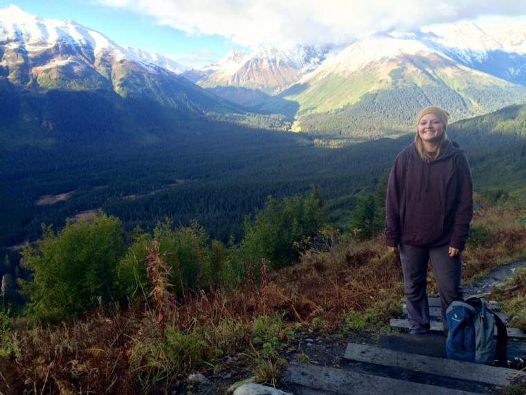 Monika hiking up the North Face trail at Alyeska Resort in Girdwood, Alaska. Photo courtesy of Monika Fleming. 