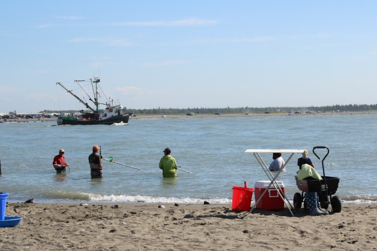 Kenai Dipnetters patiently wait for the Kenai Reds. Each year Alaskan residents get the chance to go dip netting for salmon. Each head of household is allowed 25 fish and each additional family member is allowed 10. Photo by Kelly Ireland.